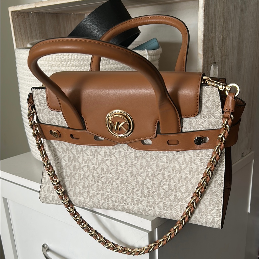 Michael Kors Brown And Cream Satchel With Gold Chain Detail